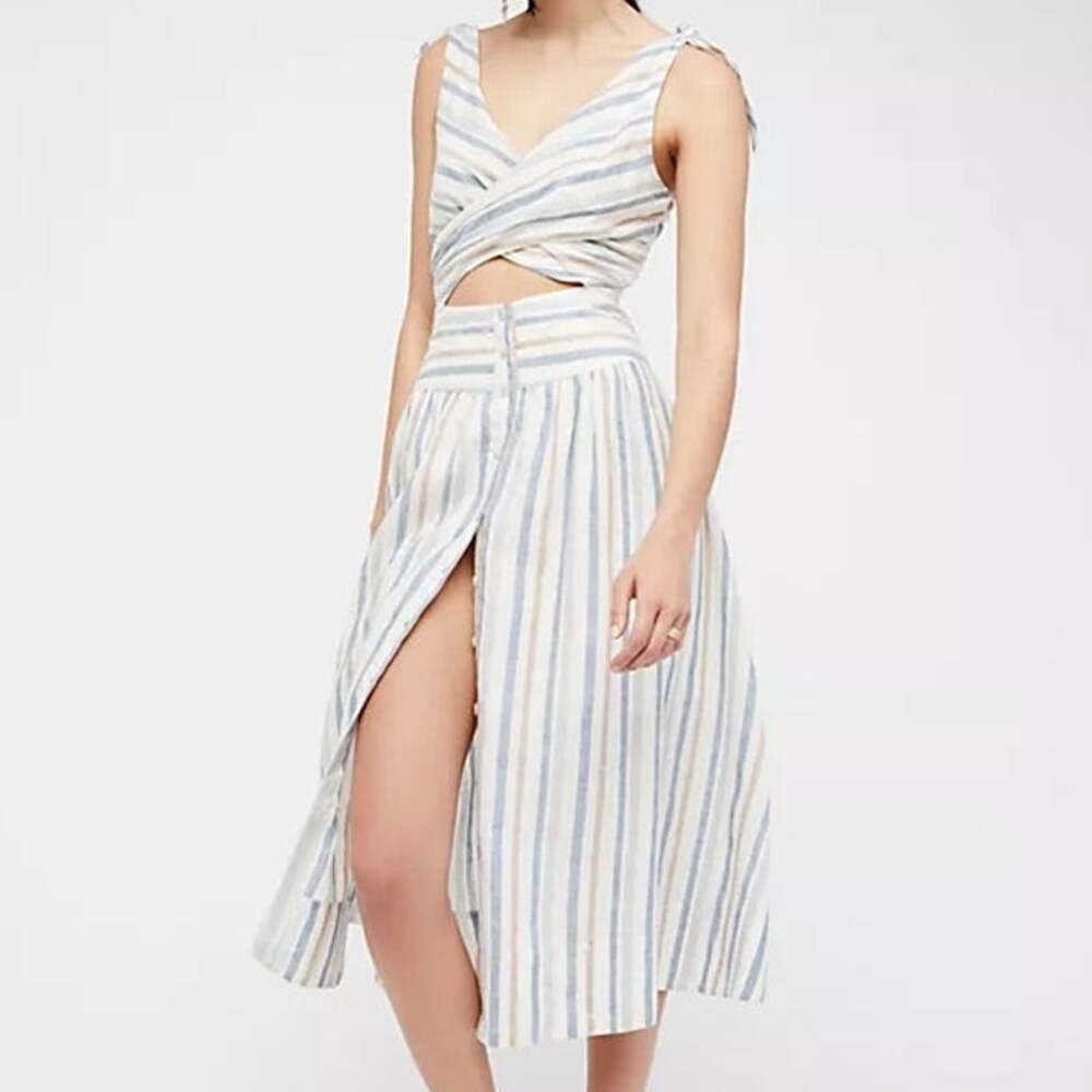 Free People (4) Kansas City Girl Striped Cutout Wrap Midi Dress Blue Cream